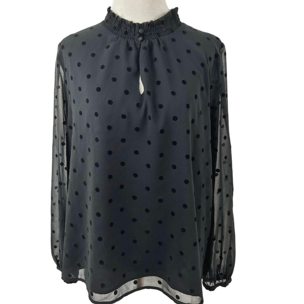 J.Crew Black Swiss Dot Keyhole Blouse Sheer Long Sleeve Mock Neck Top Women L